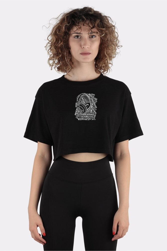 Siyah %100 Pamuk Bisiklet Yaka Crop T-shirt #music_em1001